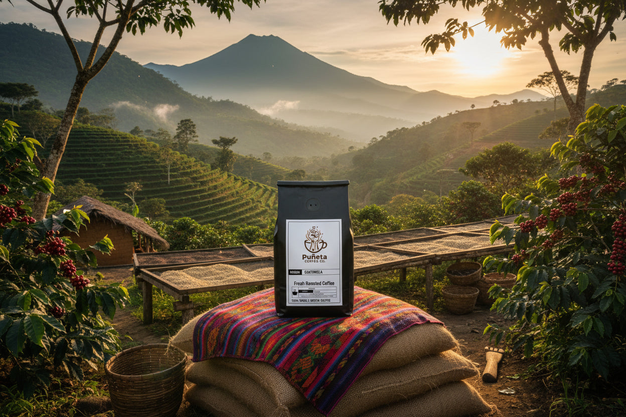 Black coffee bag with Puñeta Coffee Co.