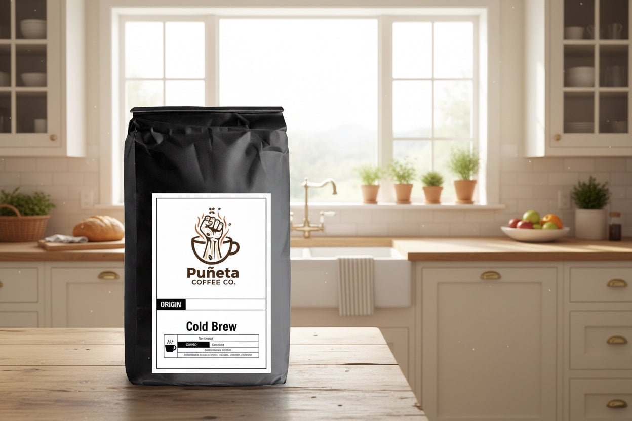 Puáneta Coffee Co. bag of cold brew coffee on a kitchen counter