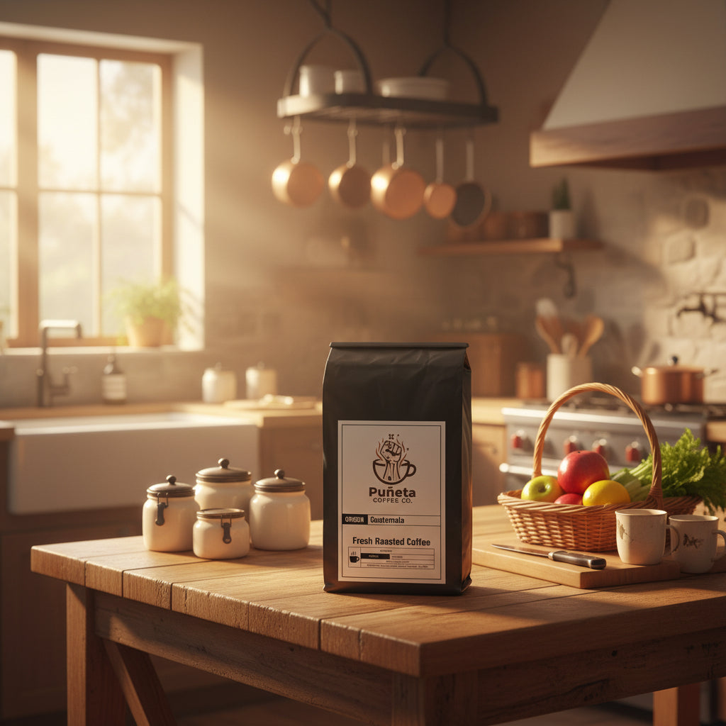 Puneta coffee bag on a wooden table in a kitchen with fruits and utensils.