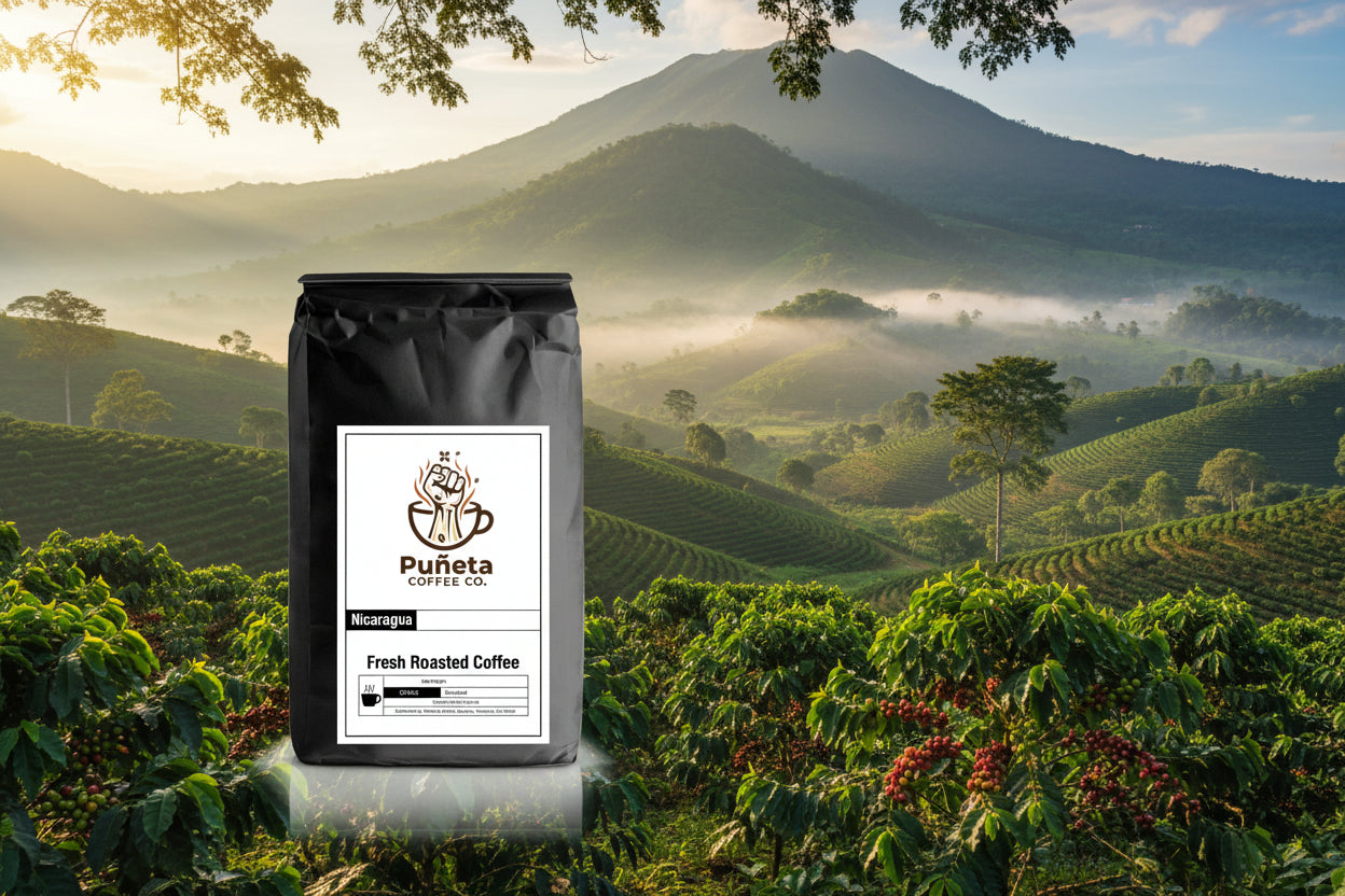 Black coffee bag with Puánta Coffee Co. label on a white background