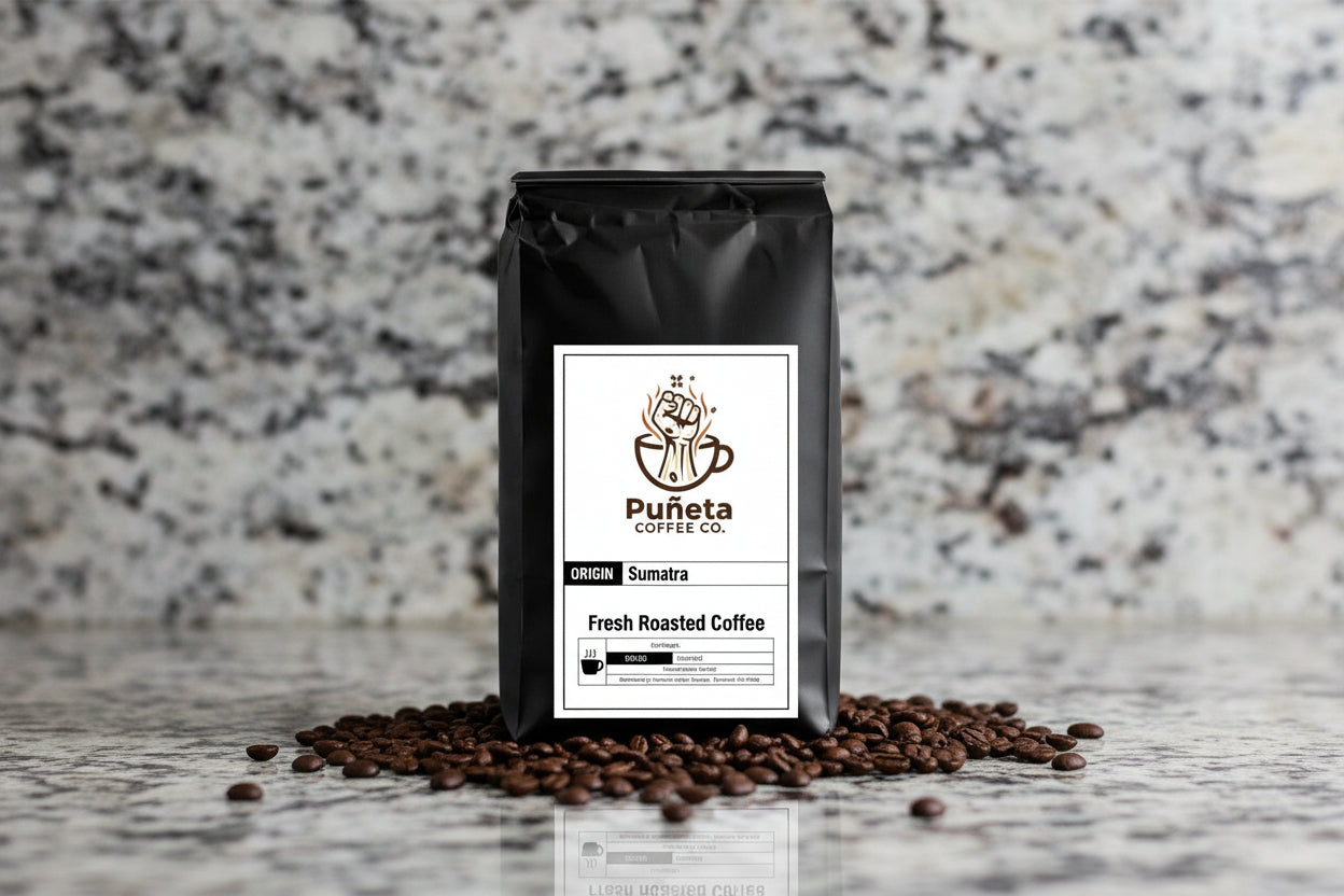 Black coffee bag with Puñeta Coffee Co.