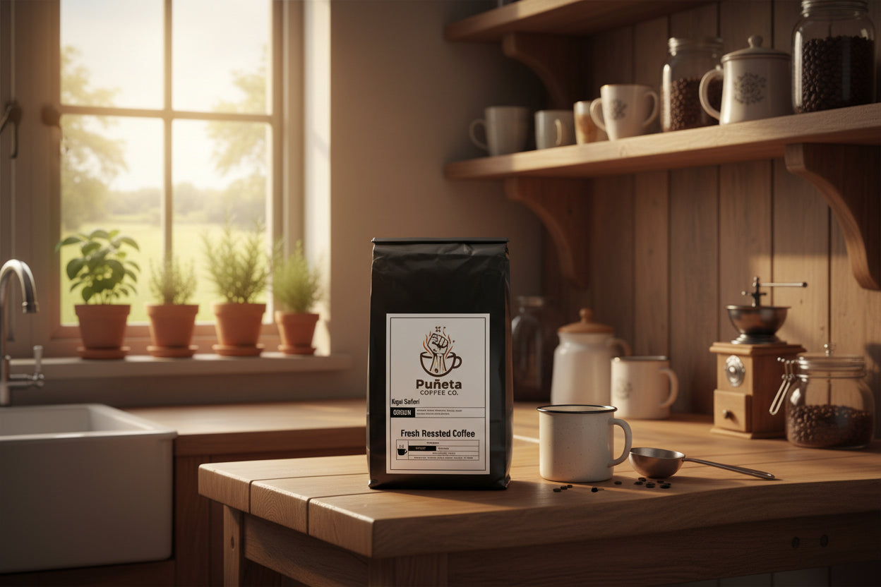 Black coffee bag with Puñeta Coffee Co. label