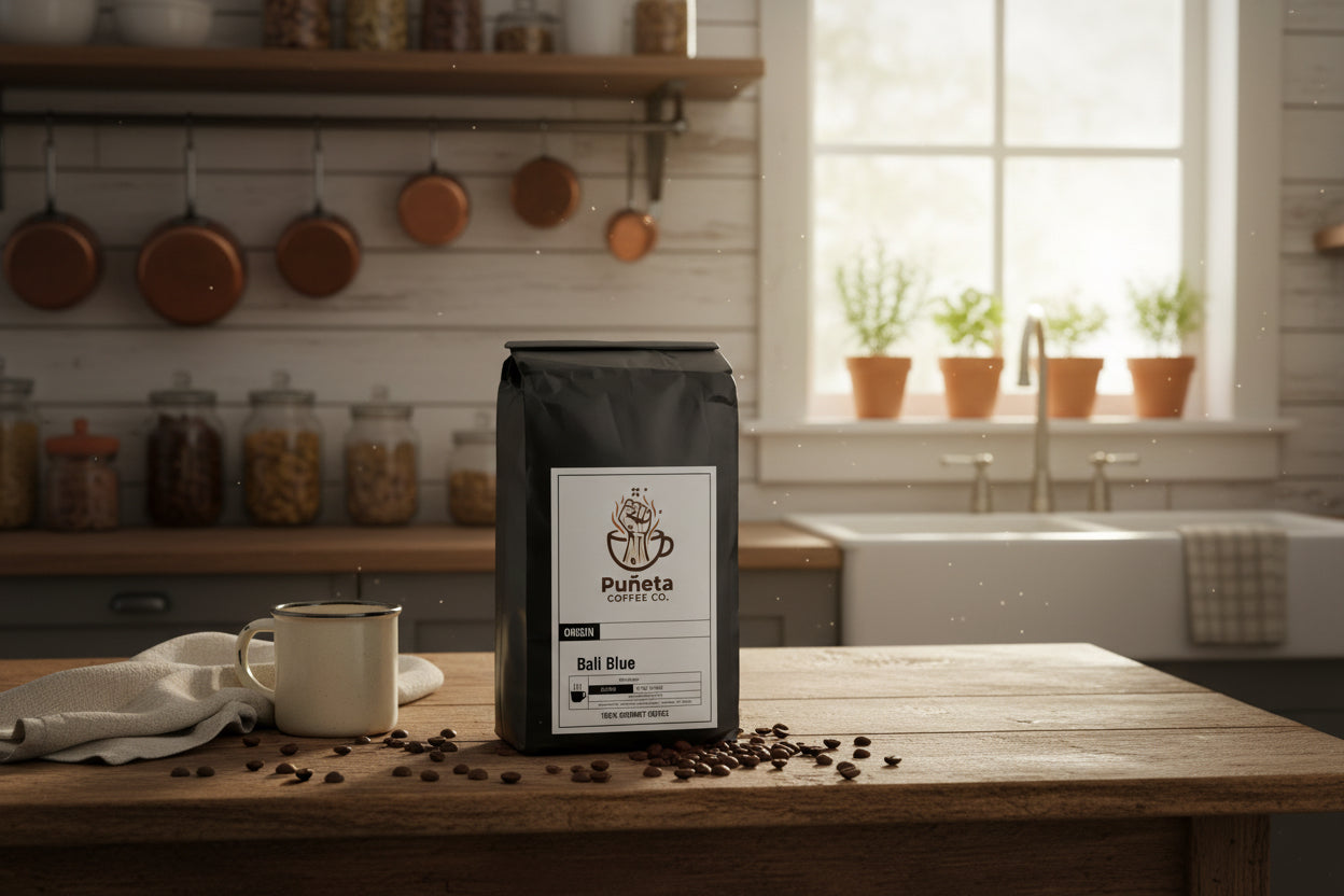 Pulpo coffee bag on a wooden table with coffee beans in a kitchen setting