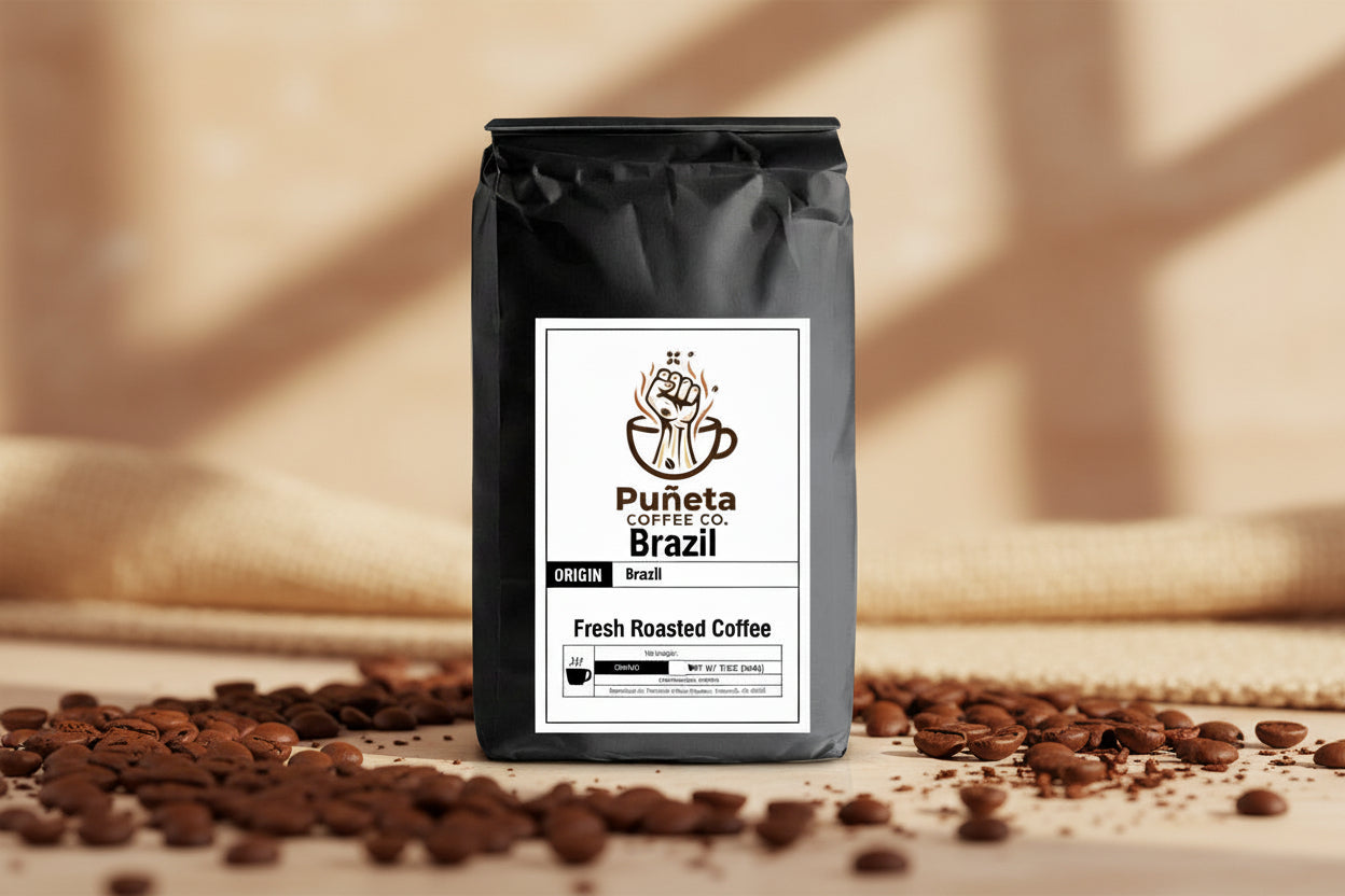 Black coffee bag with Puñeta Coffee Co. label