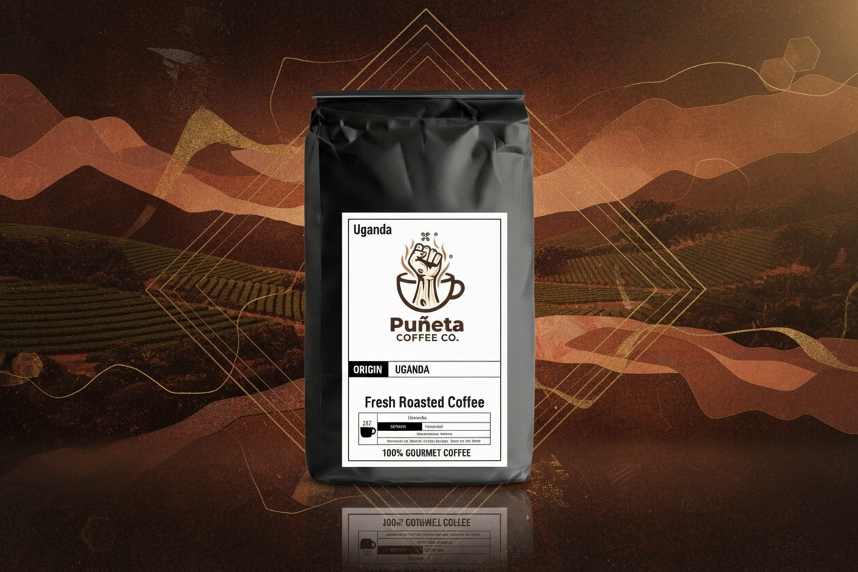 Puñeta Coffee Co. coffee bag with a black background
