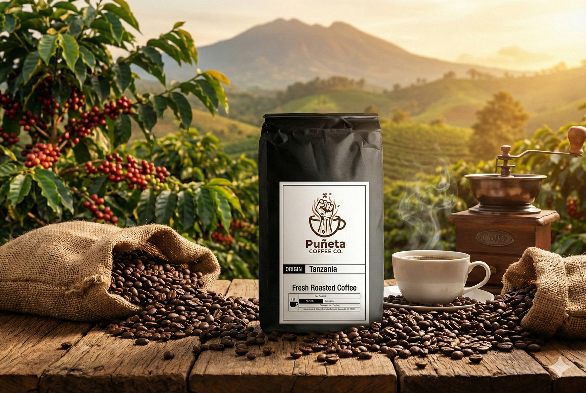 Pugeta coffee bag with coffee beans and a cup on a wooden table with a scenic background