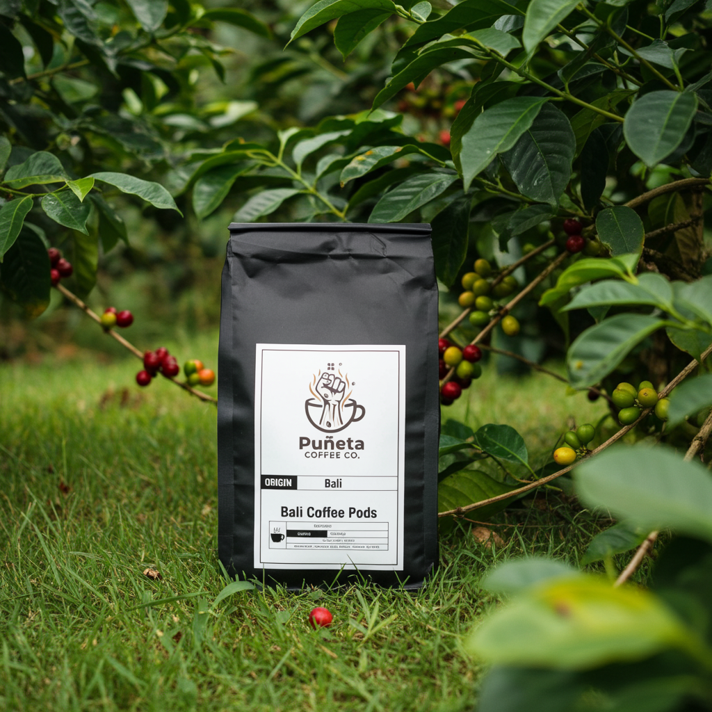 Puifeta Coffee Co. bag on a grassy background with coffee plants