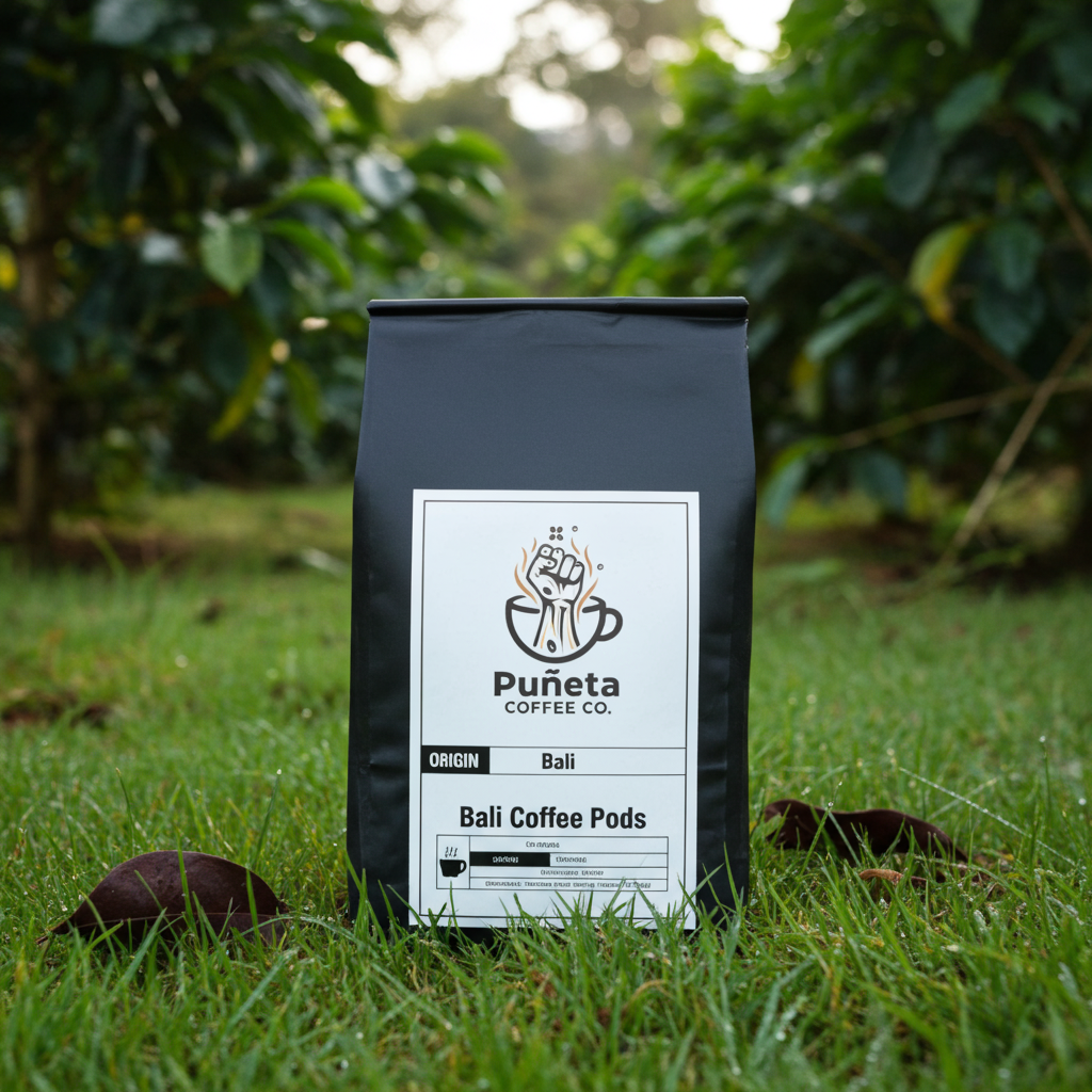 Puáneta Coffee Co. Bali Coffee Pods package on grass with coffee plants in the background