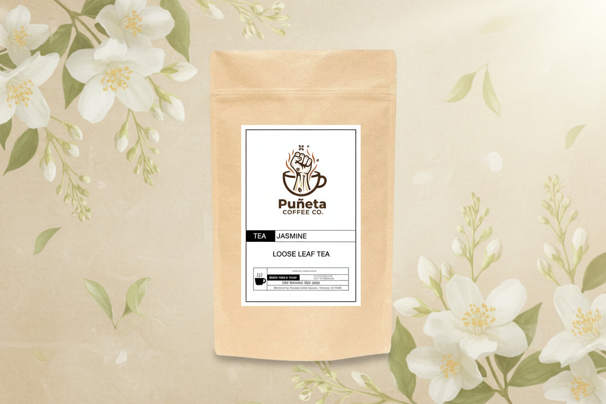 Puneta Coffee Co. jasmine loose leaf tea package on a white background