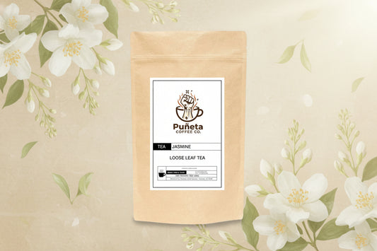 Puneta Coffee Co. jasmine loose leaf tea package on a white background
