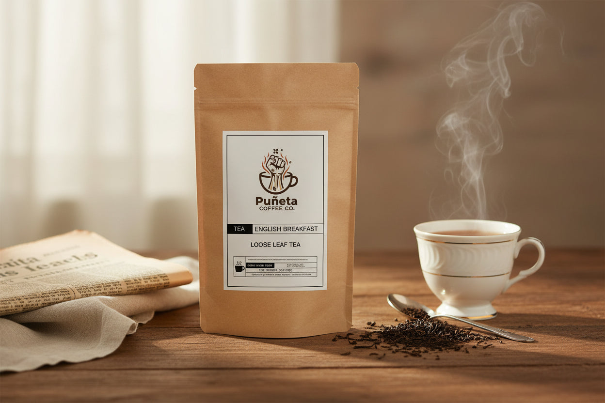 Puneta Coffee Co. English Breakfast Loose Leaf Tea package on a white background