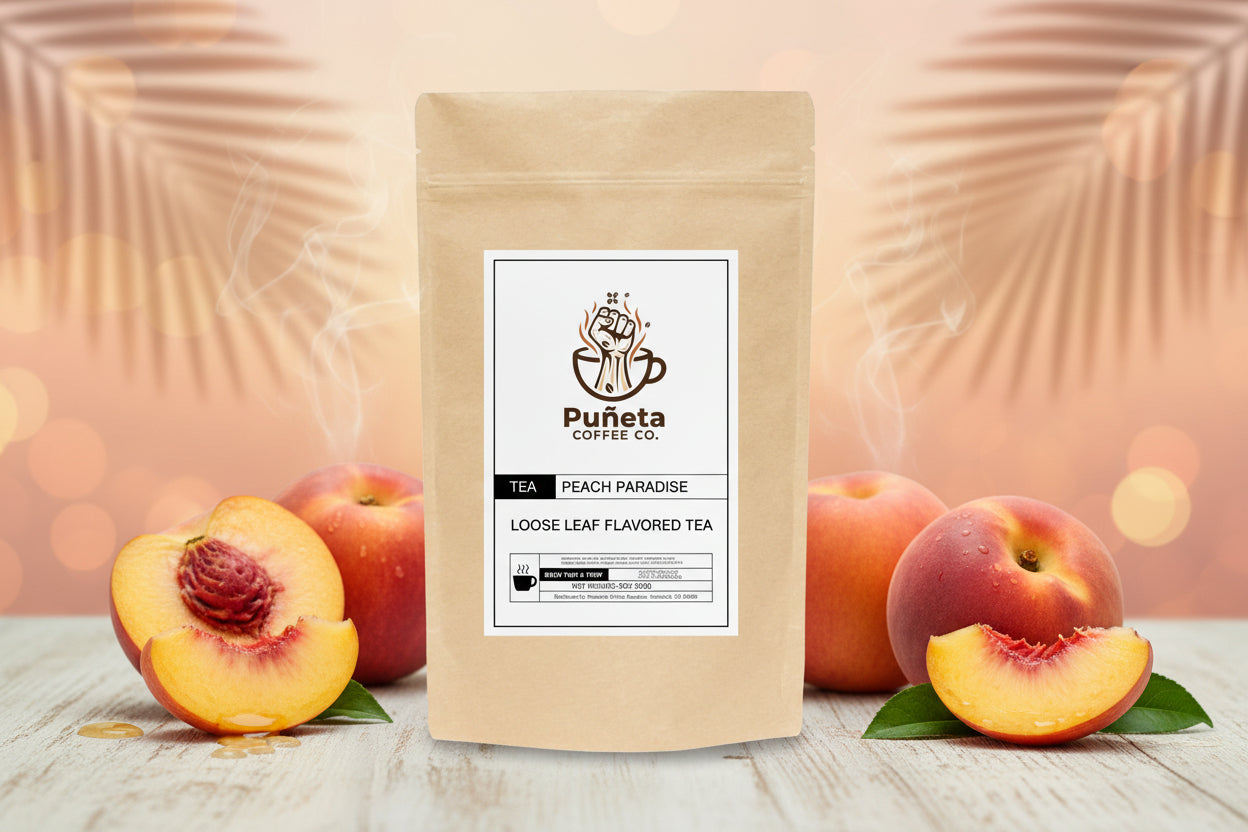 Puneta Coffee Co. peach paradise loose leaf flavored tea package on a white background
