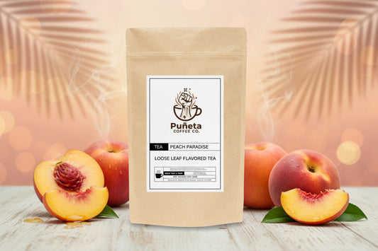 Puneta Coffee Co. peach paradise loose leaf flavored tea package on a white background