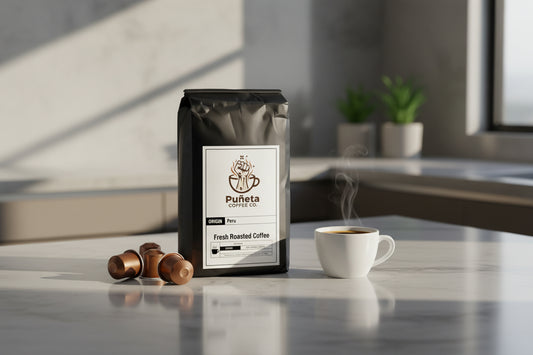 Coffee bag with Puneta Coffee Co. label on a light gray background
