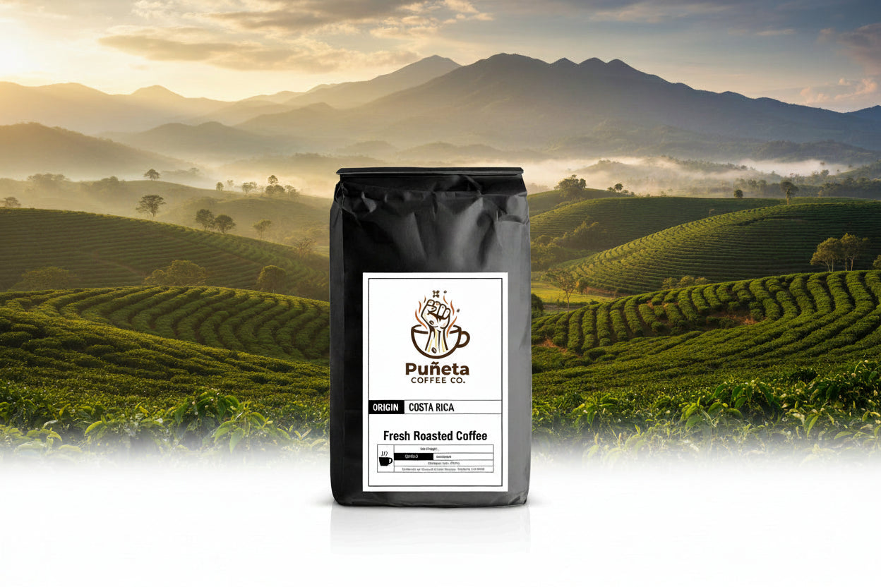 Black coffee bag with Puánta Coffee Co. label on a white background