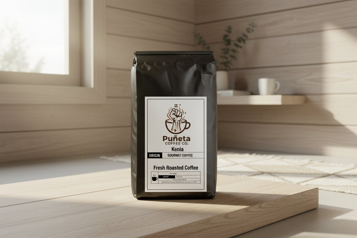 Puneta Coffee Co. coffee bag on a wooden surface with a minimal background