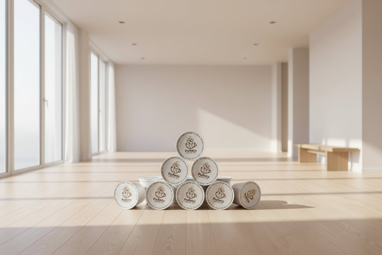 Puhaeta Coffee Co. coffee bag on a wooden floor with large windows in the background