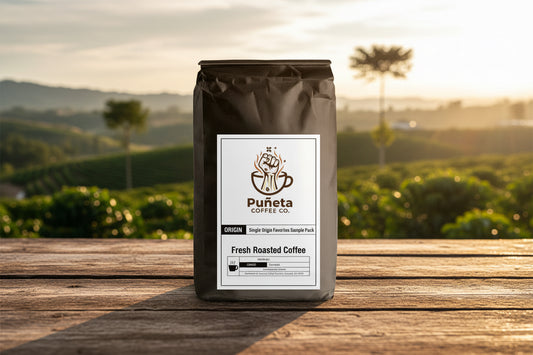 Black coffee bag with Pugeta Coffee Co. branding on a white background