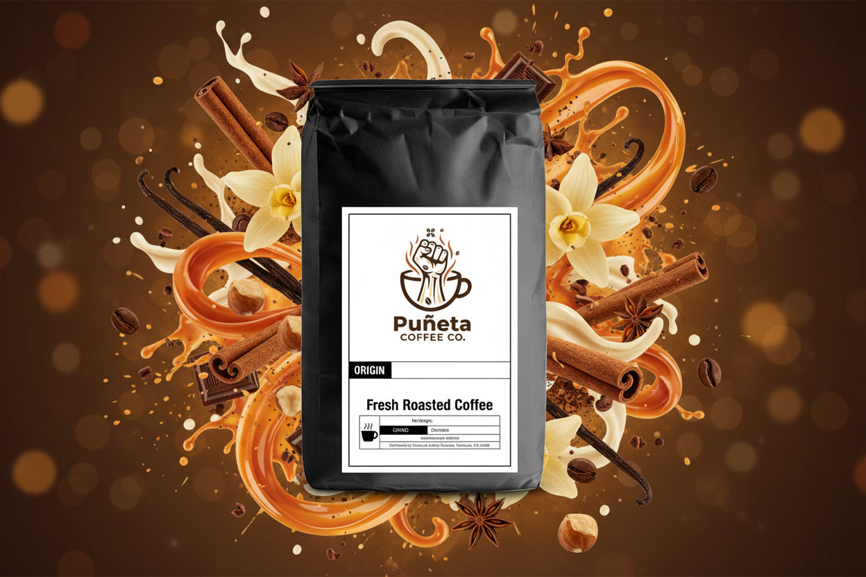 Black coffee bag with Puánta Coffee Co. label on a white background