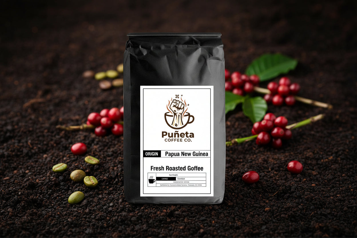 Black coffee bag with Puñeta Coffee Co. 