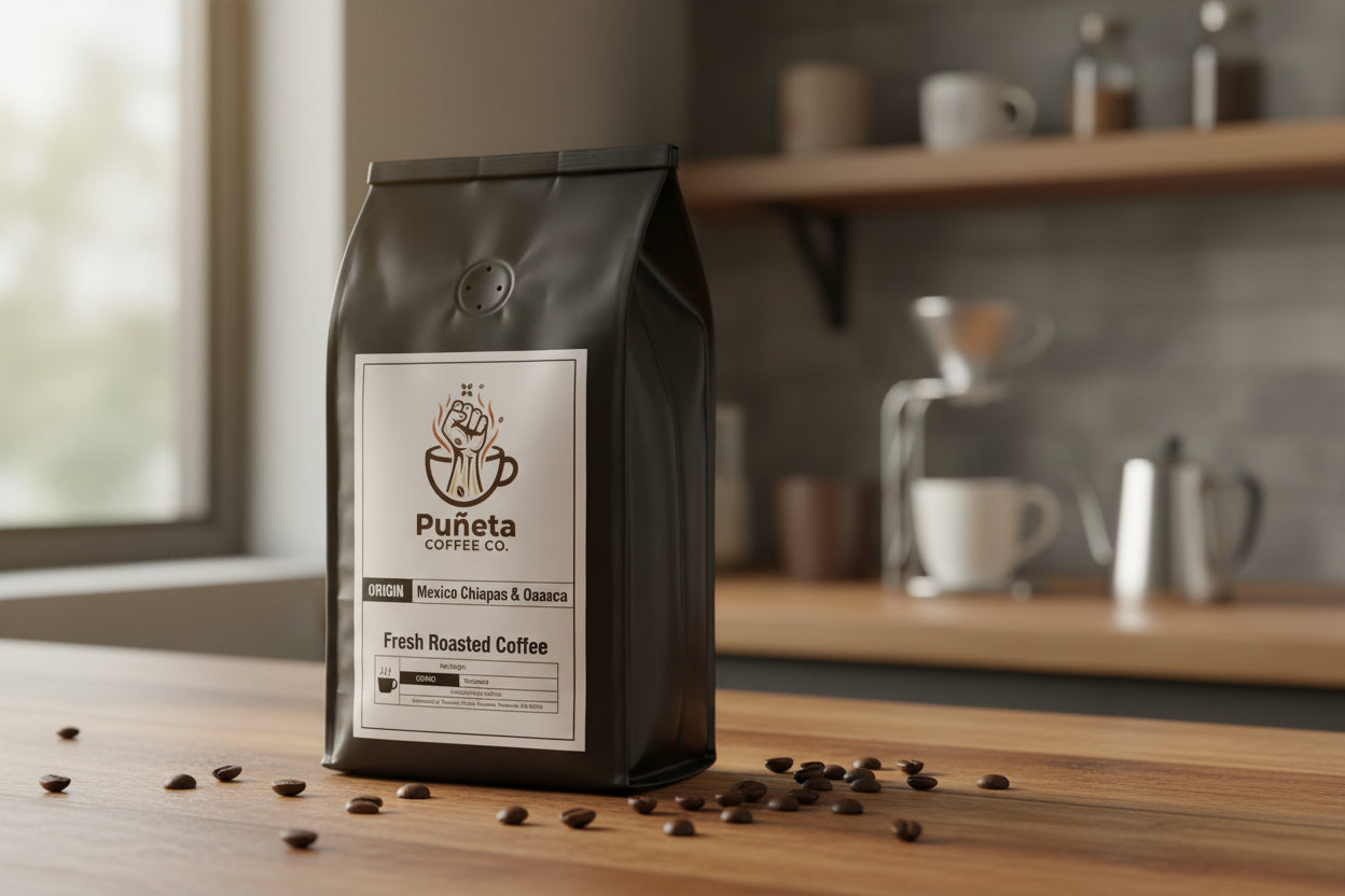 Bag of Mexican medium roast coffee from Chiapas and Oaxaca", "Freshly brewed cup of Mexican coffee with chocolate and cinnamon notes