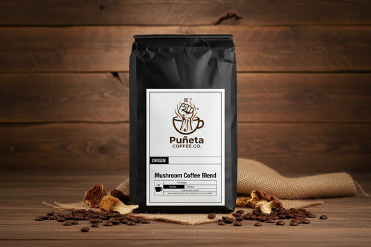 Black coffee bag with Puñeta Coffee Co. label 