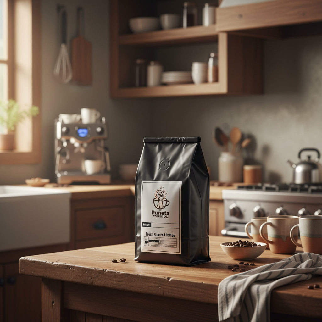 Black coffee bag with Puñeta Coffee Co. label 