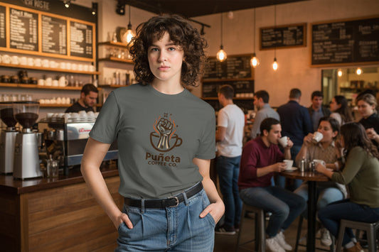 Person wearing a gray t-shirt with 'Puneta Coffee Co.' logo 